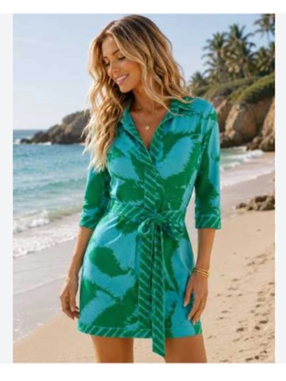 BCBG Maxazria Blue and Green Mini Shirt Dress - Size Small